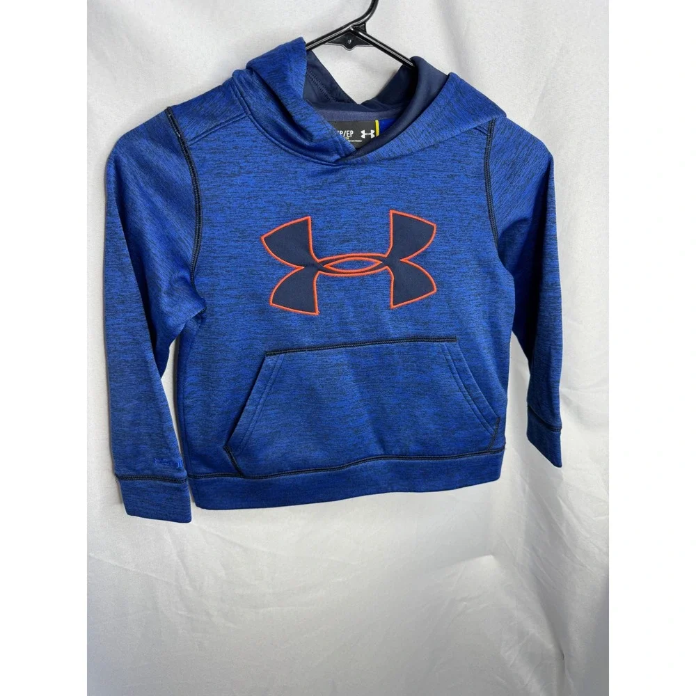 Under Armour Boys Blue Heather Orange Logo Pullover Hoodie Sweatshirt YXS
